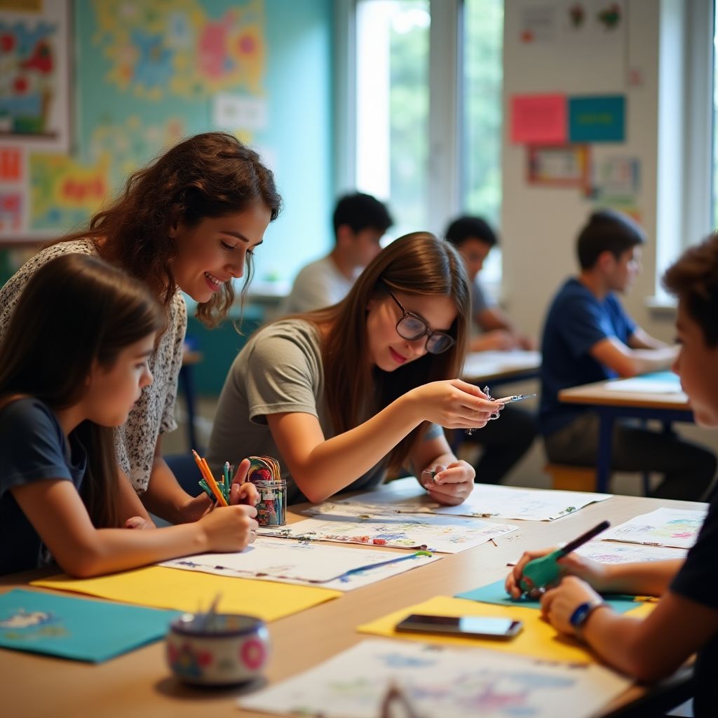 Equipe de professores e alunos colaborando